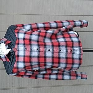 Forever 21Plaid Flannel With Faux Leather Trim Long Sleeve Shirt Size Large